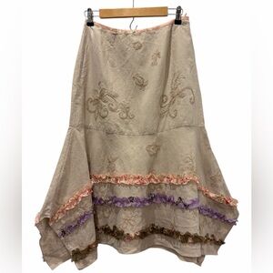 J.Jill Linen Embroidered Whimsy Artsy Indie Style Midi Skirt Women’s Size 6 FLAW